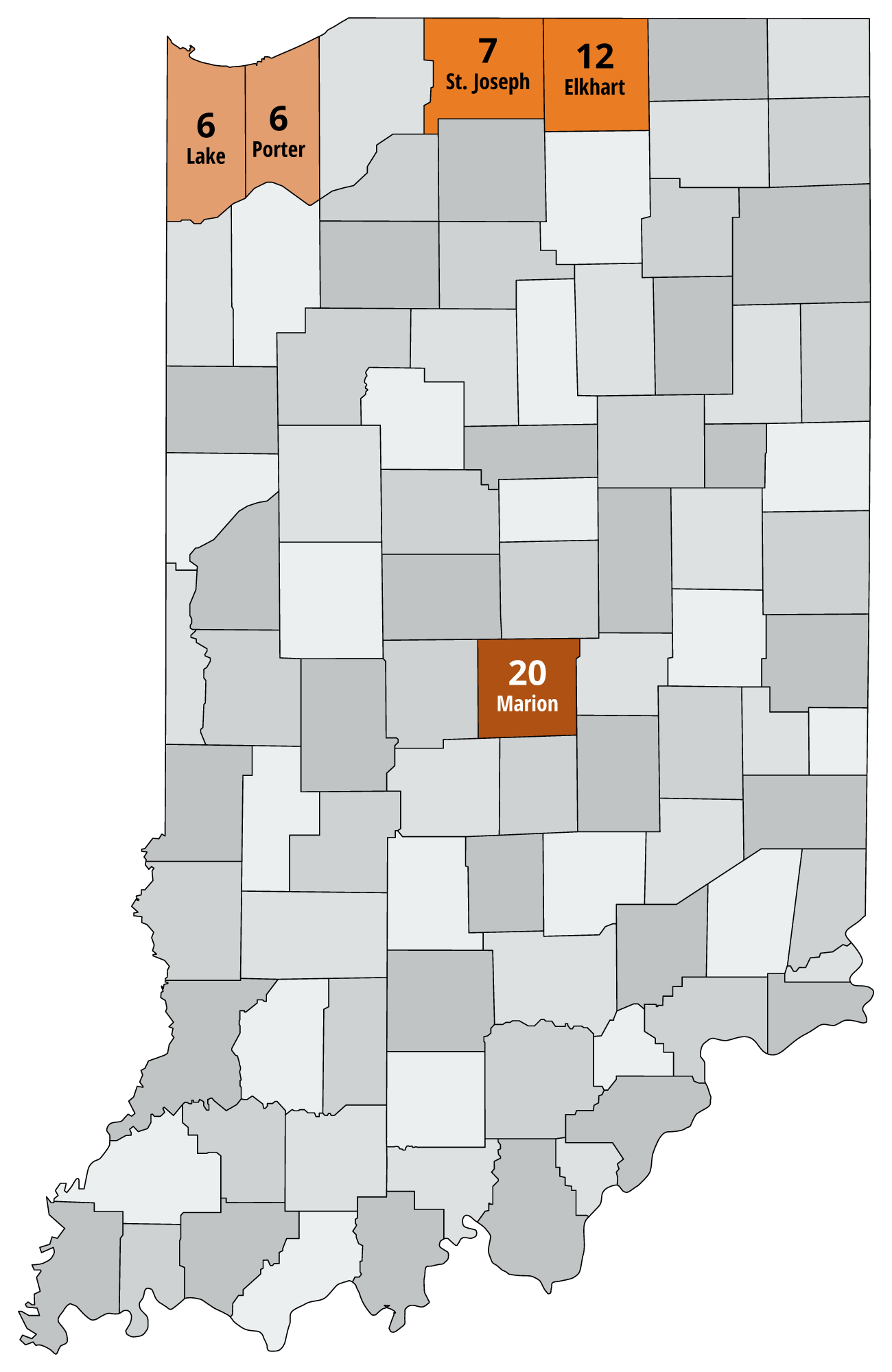 Map showing counties with the most fatalities: Marion, Lake, St. Joseph, Allen, Clark.