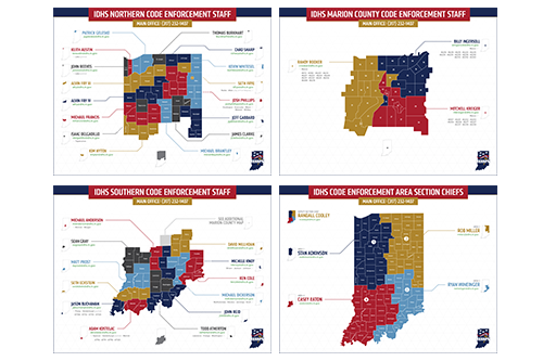 Map of Indiana counties with color-coded districts with numbers and people's contact info