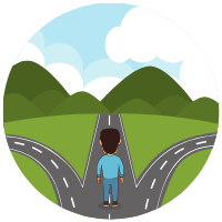 Illustration of man facing multiple paths