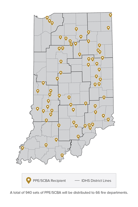 Volunteer fire department PPE distribution map Indiana map of volunteer fire departments receiving PPE