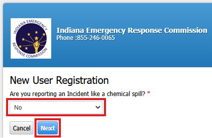 Screenshot of Hazconnect New User Registration Chemical Spill Question