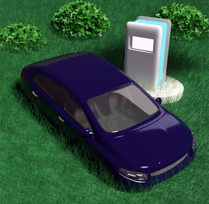 An electric car pulled up next to an electric vehicle charging station.