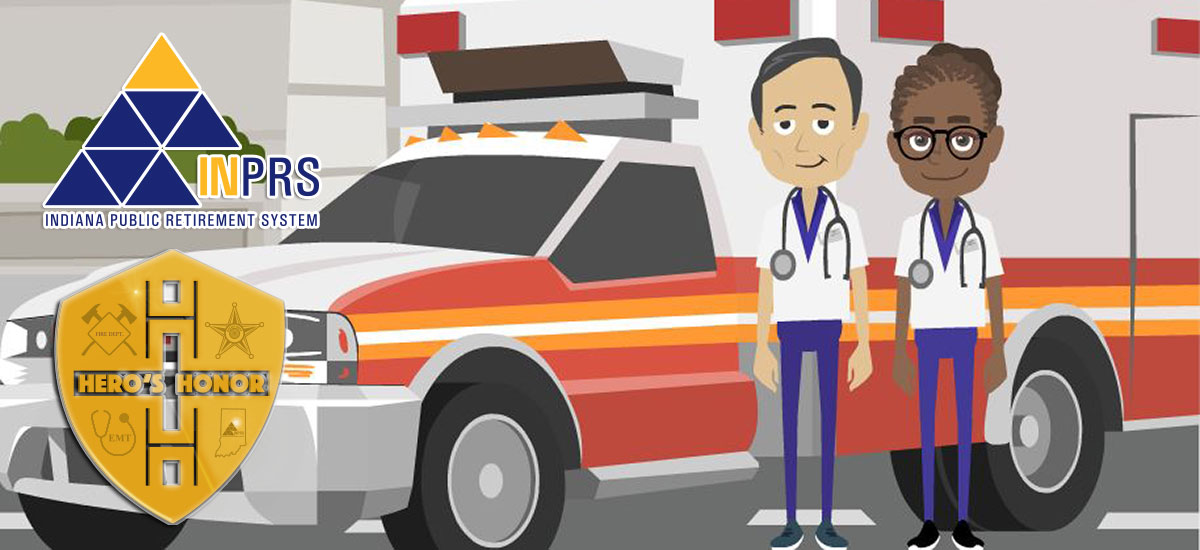 Illustration of medical professionals standing next to an ambulance.