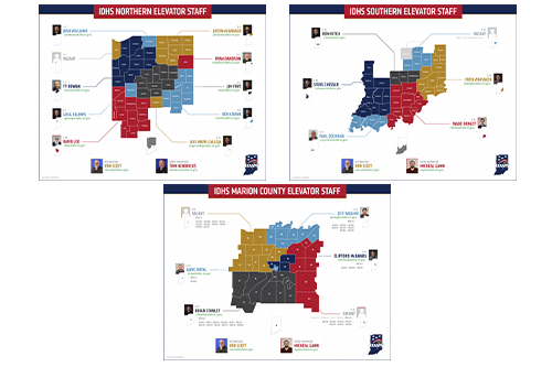 Map of Indiana counties with color-coded districts with numbers and people's contact info