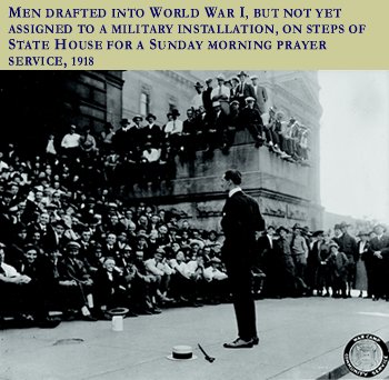 Men Drafted into WWI, but not yet assigned to a military installation sit on the steps of the Statehouse 1918