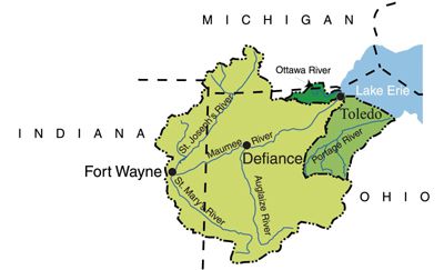 Map of the Western Lake Erie Basin in Ohio, Indiana, and Michigan