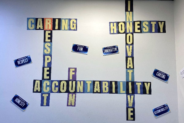 Wall display of BMV's Core Values with a crossword setup