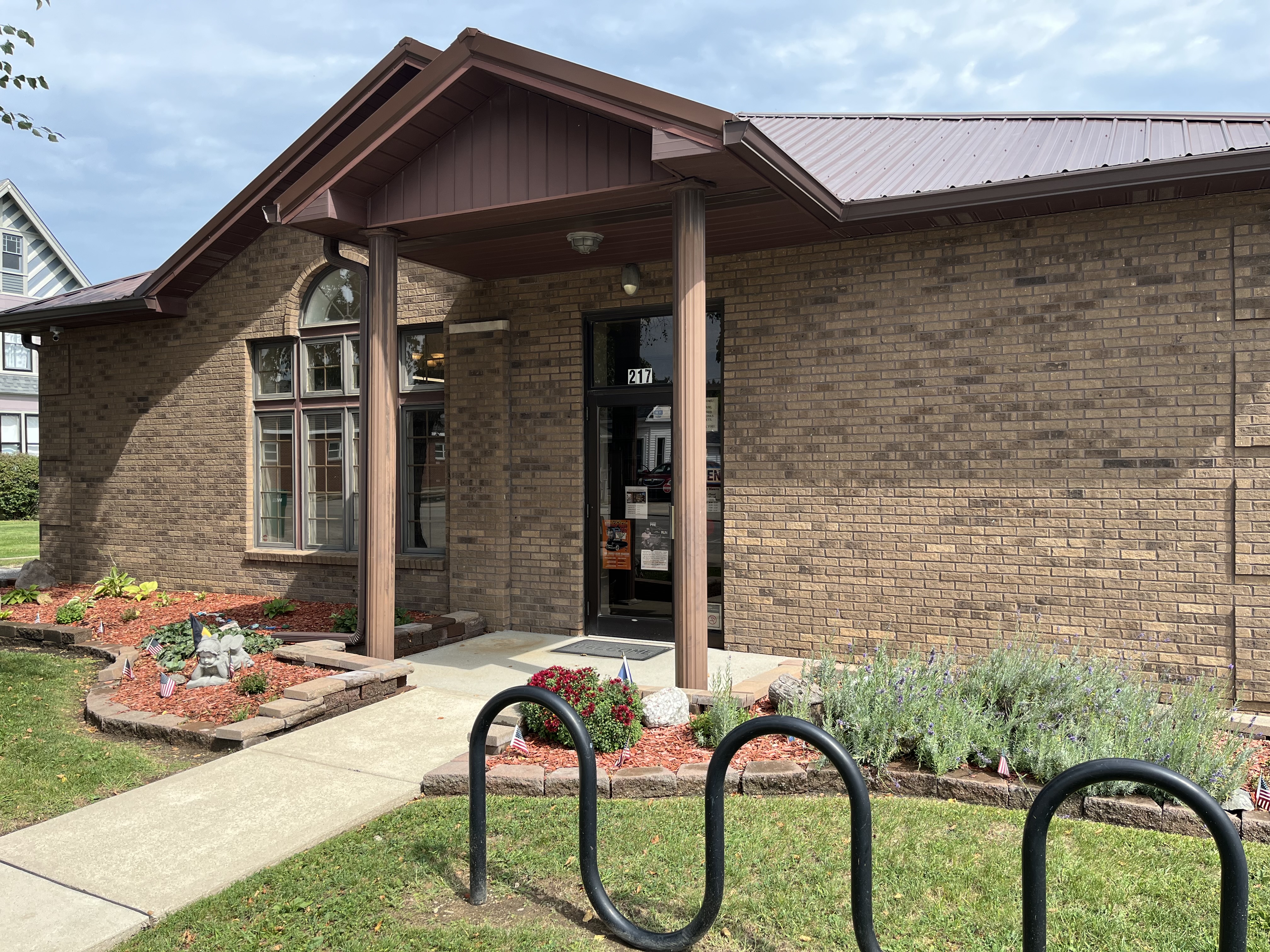 Close-up of front door area of library.