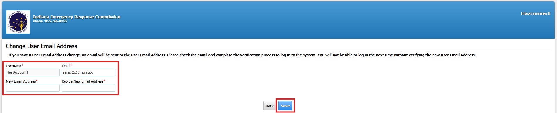 Screenshot of Hazconnect Change User Email Address New Username and Email Address