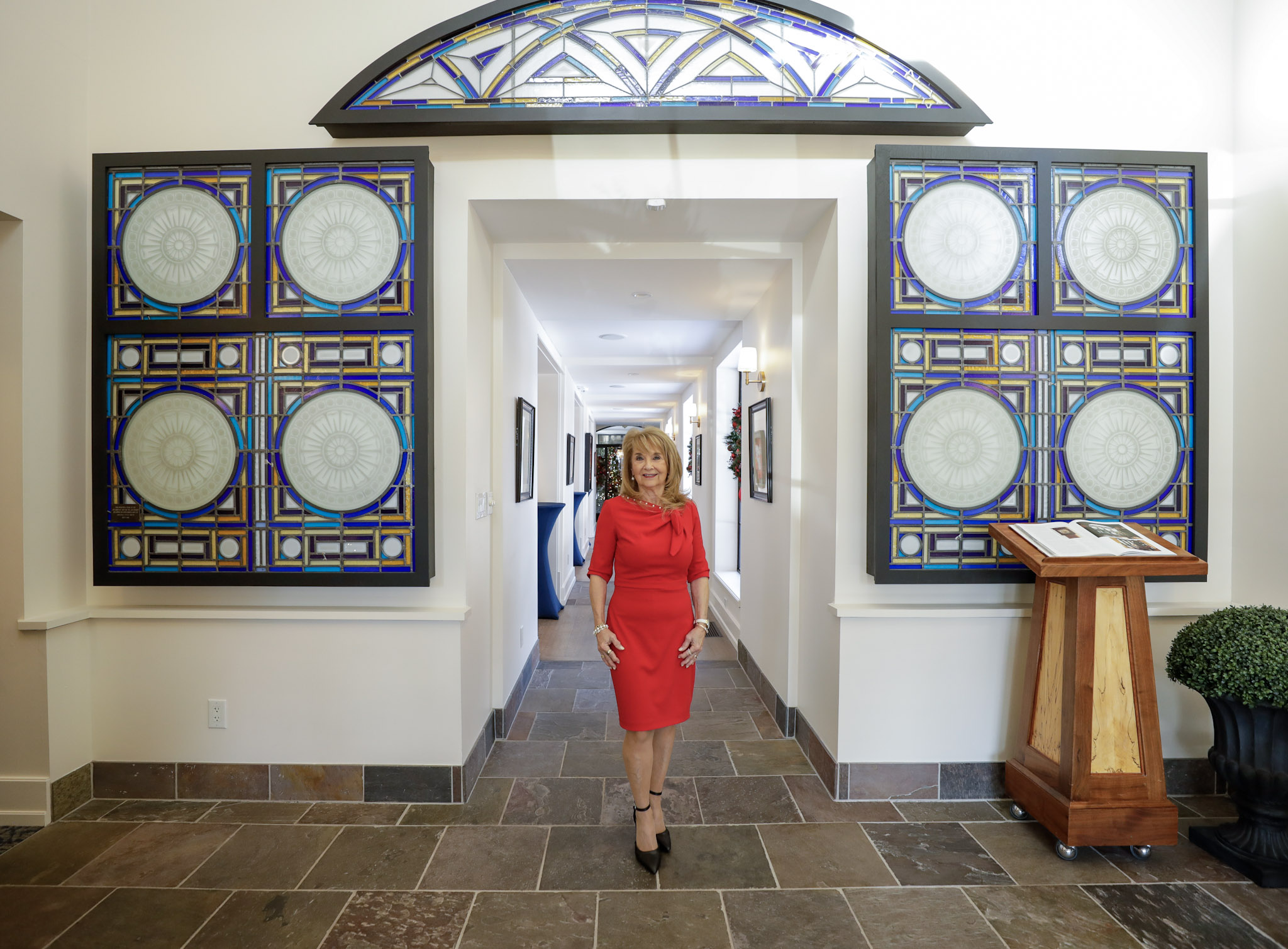 Mrs. Braun in Stained Glass Entry
