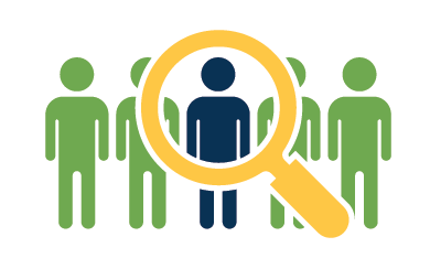 Magnifying glass looking at a group of people and identifying one that stands out.