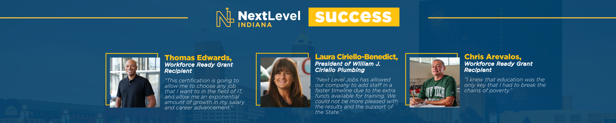Collage depicting success stories for three people. Thomas Edwards, Workforce Ready Grant, Laura Ciriello-Bendict, President of William J. Ciriello Plumbing, and Chris Arevalos