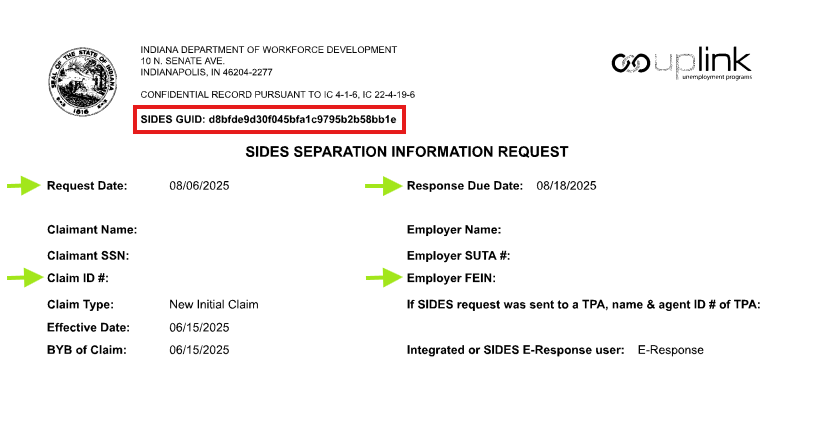 A SIDES Separation Information Request form from the Indiana Department of Workforce Development with confidential claim details.
