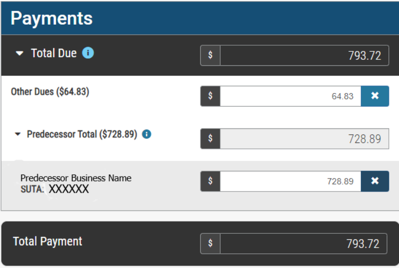 Payment summary screen with total due of $793.72. Breakdown: Other Dues $64.83, Predecessor Total $728.89. Total Payment box also $793.72.