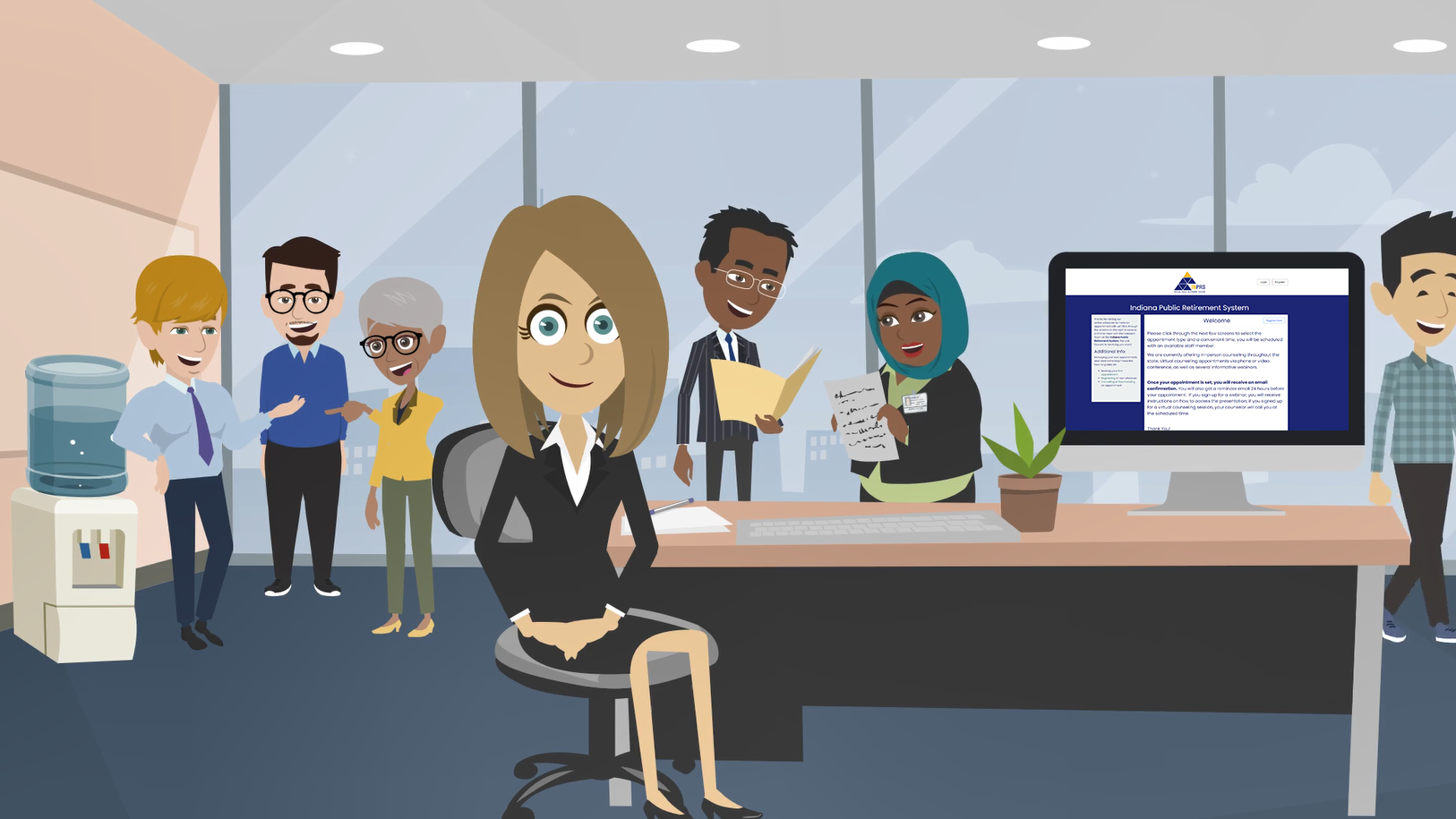 Cartoon image of a woman at a desk with a computer