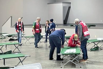 Workers setting up green cots in shelter