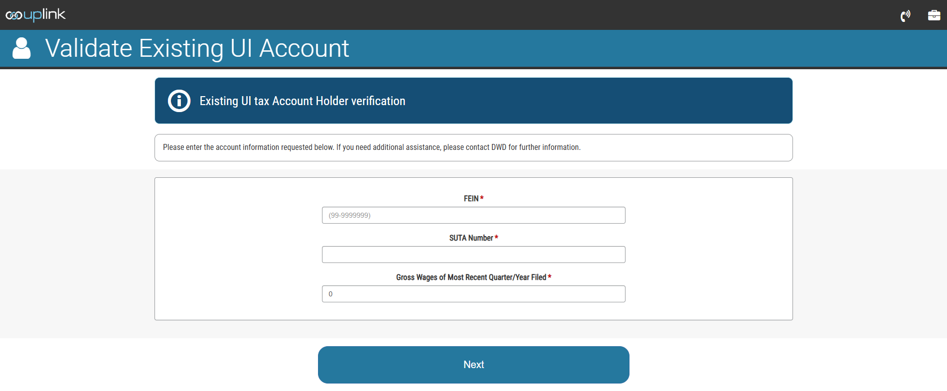 Screenshot of the ESS Validate Existing UI Account login page showing fields for FEIN, SUTA number, and Gross Wages of Most Recent Quarter/Year Filed, with a 'Next' button 