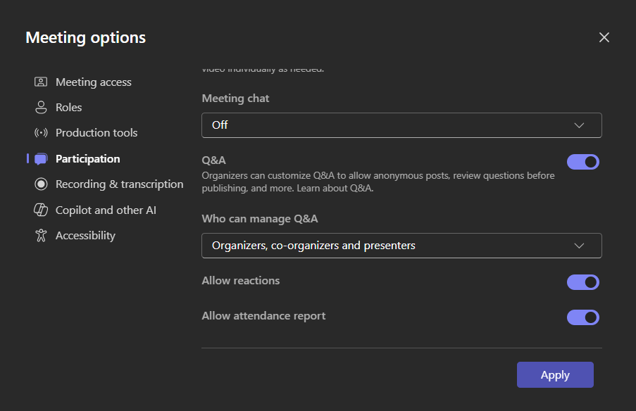 In Microsoft Teams webinar setup turn 'Meeting Chat' to off. Under 'Who can manage Q&A' choose either 'Organizers and co-organizers' or 'Organizers, co-organizers and presenters.' 