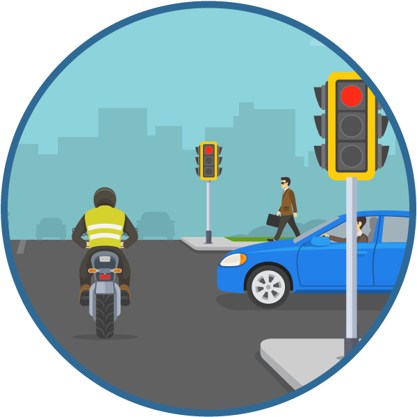 Motorcyclist driving into an intersection on a red light with a car approaching from the right.