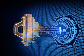 Lock and key with cyber lines of numbers