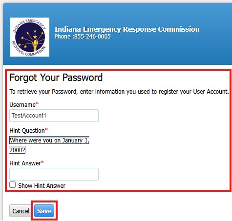 Screenshot of Hazconnect Forgot Your Password with Question