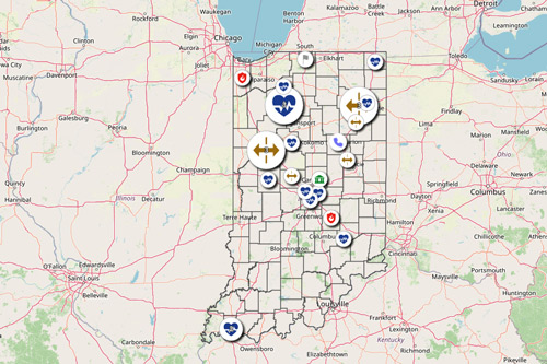 Map of Indiana with job postings marked