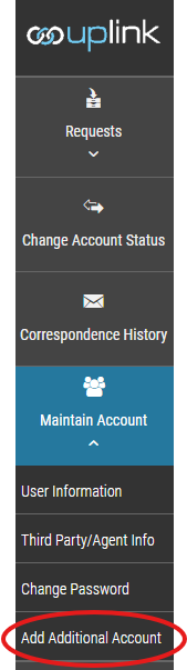 Menu interface with options including "Requests," "Change Account Status," "Correspondence History," and "Add Additional Account" circled in red.