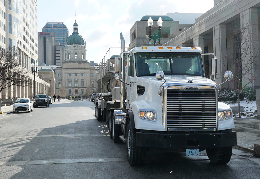 Intelligent Snowplow Truck parked outside of the Indiana Statehouse.
