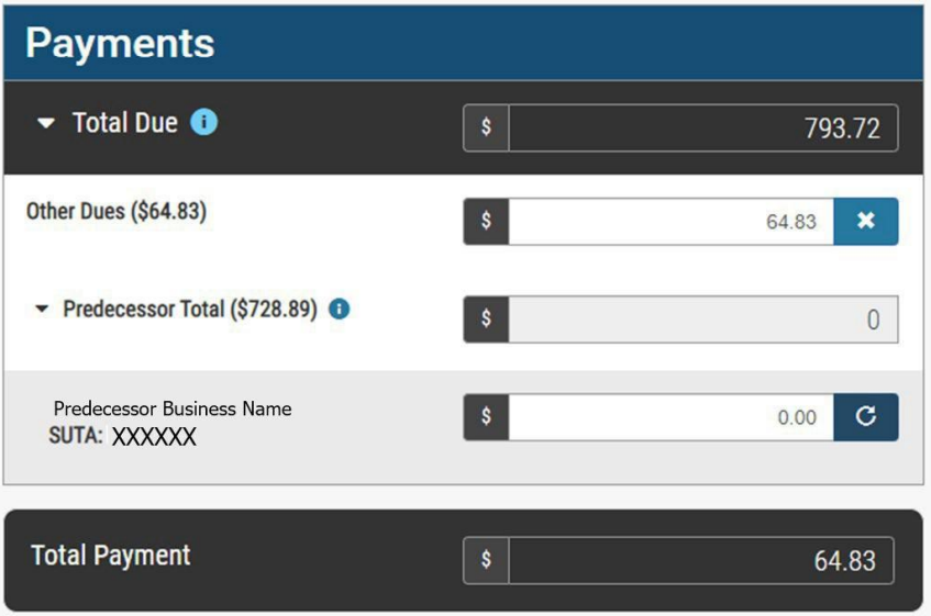 Payment summary interface showing a total due of $793.72, other dues of $64.83, and a predecessor total of $728.89. Total payment is $64.83.