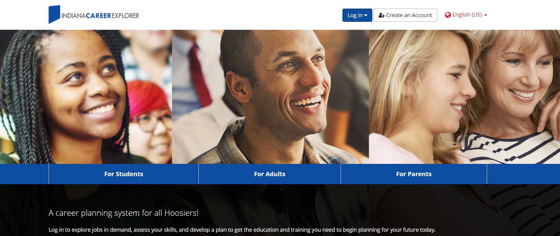 Indiana Career Explorer Landing page screen shot