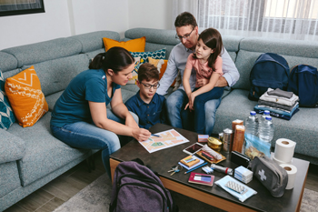 Family discussion in living room