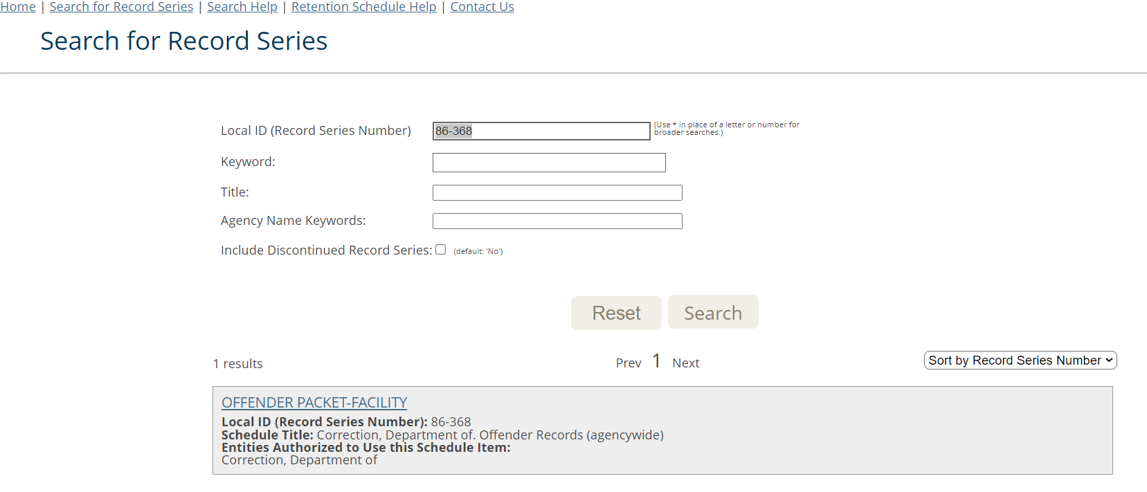 Record Series search example