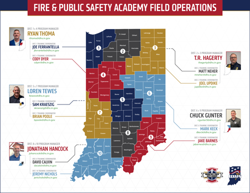 Map of Indiana counties with color-coded districts with numbers and people's contact info