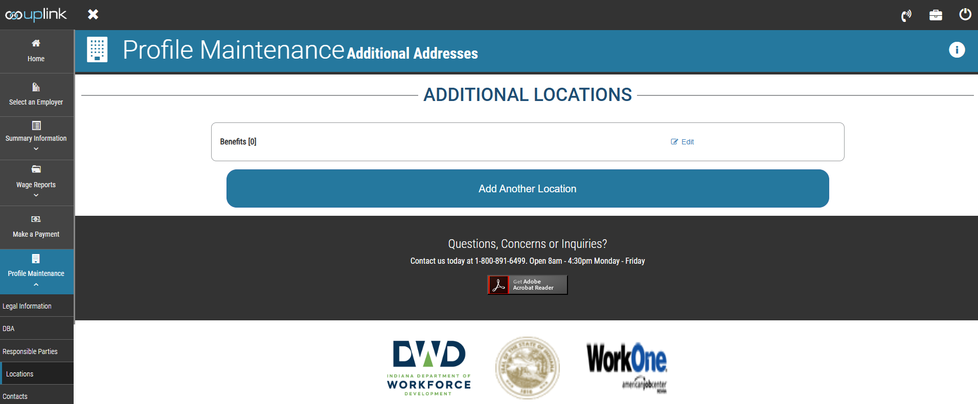 ESS webpage interface titled "Profile Maintenance Additional Addresses," featuring navigation links on the left and buttons to edit or add locations. Logos below.