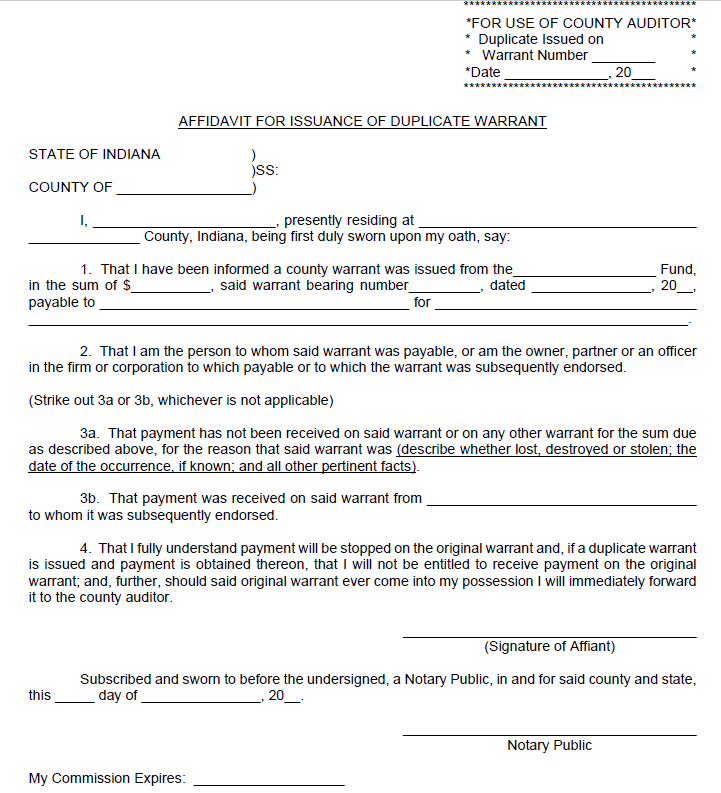 Affidavit for Issuance of Duplicate Warrant