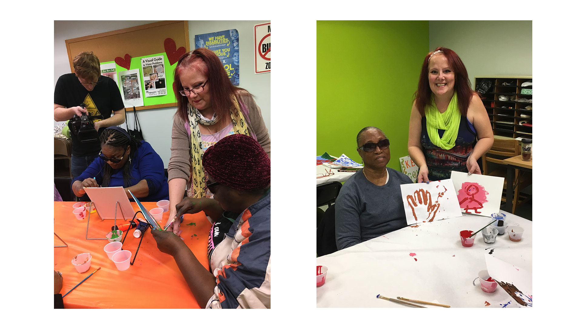 two photos of an art teacher with her students