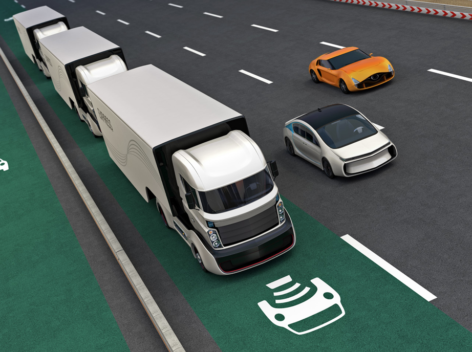 Autonomous semi driving in a wireless charging lane.