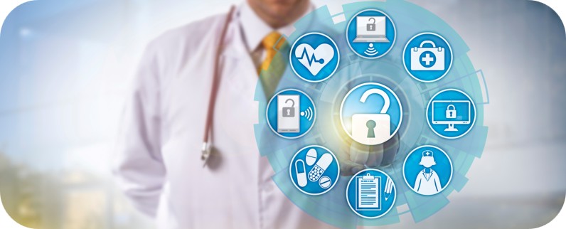 A doctor standing behind a graphic representation of medical technologies