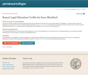 Screen shot of portal screen for reporting CLE