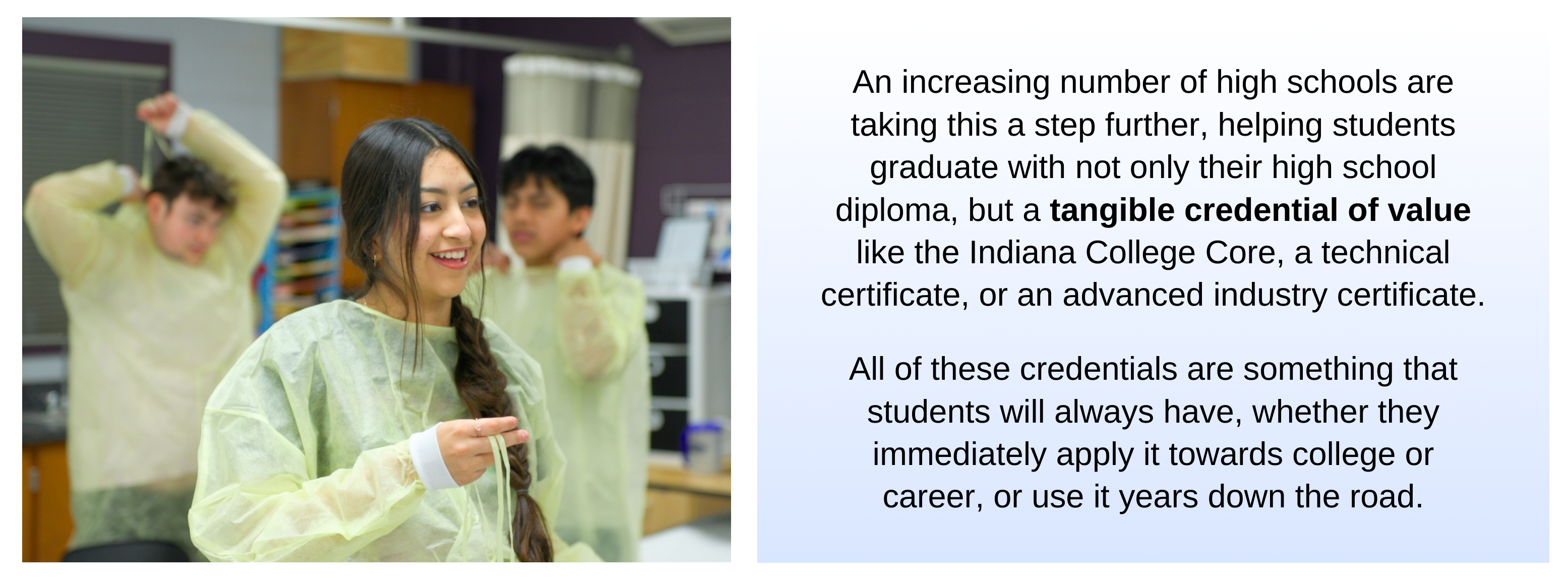 Image showing a high school student in a medical classroom setting, smiling as she puts on a protective gown. In the background, two other students are also donning protective gear. To the right of the image, text reads: 'And an increasing number of high schools are taking this a step further, helping students graduate with not only their high school diploma, but a tangible credential of value like the Indiana College Core, a technical certificate, or an advanced industry certificate. All of these credentials are something that students will always have, whether they immediately apply it towards college or career or use it years down the road.' At the bottom left of the image, there is a ribbon icon and text that reads: 'Fun fact - Indiana is #1 in the nation for students who earn college credit while in high school!