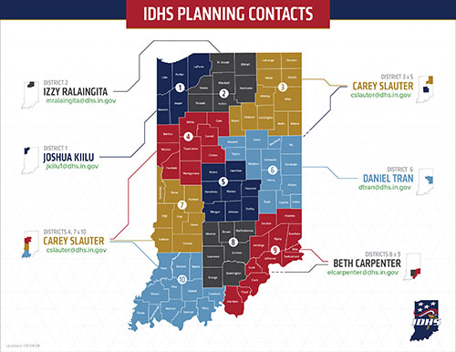 Planning and Assessment Section staff Map of Indiana counties with color-coded districts with numbers and people's contact info