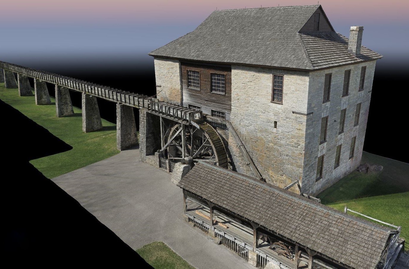 3D Rendering from a drone of Spring Mill State Park Gristmill.