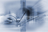 A photograph of hands manipulating a laptop keyboard, overlaid with images of graphs.