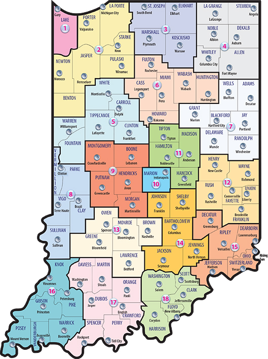 Indiana Map with County Offices