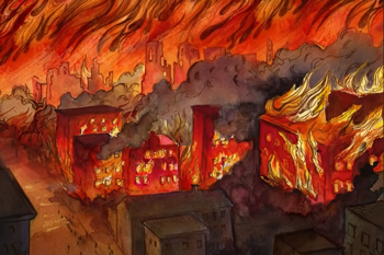 Illustration of city in flames