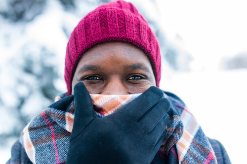 Man bundled in hat, scarf and gloves