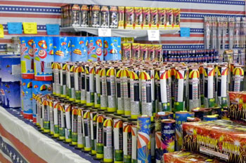 Stacks of fireworks on shelves