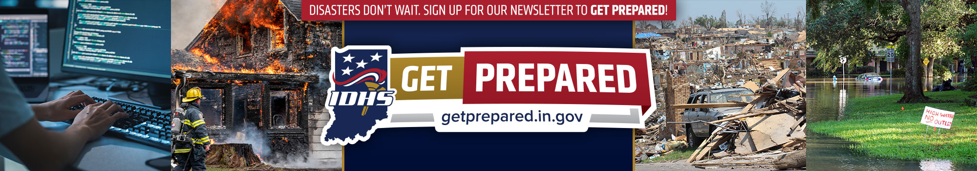 Get Prepared newsletter signup message with related disaster images