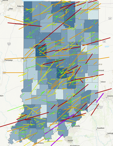 Map of tornado paths in Indiana