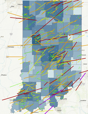 Map of tornado paths in Indiana